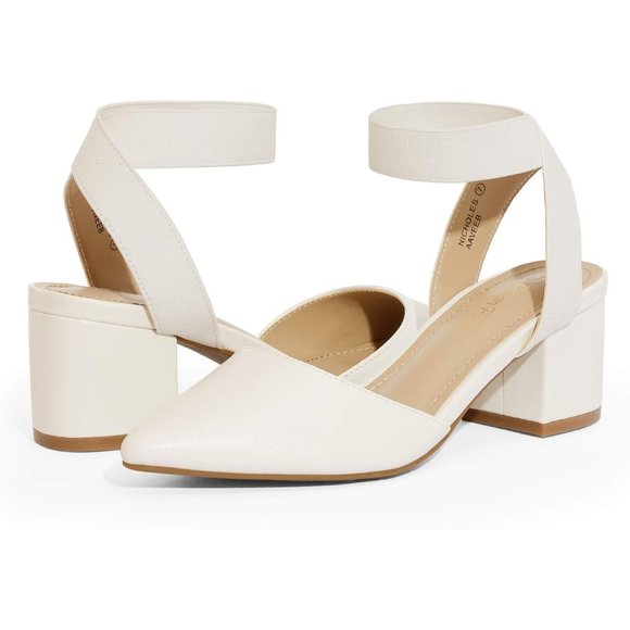 Women Pointed Toe Low Chunky Heels Pump White Pu-n Non-Slip Outsole Shoes - Picture 2 of 6